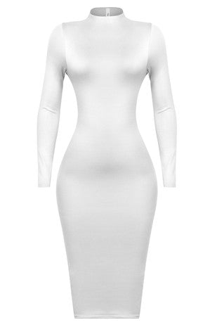 white turtleneck bodycon dress White Rib Knit midi bodycon dress high neck for Winter